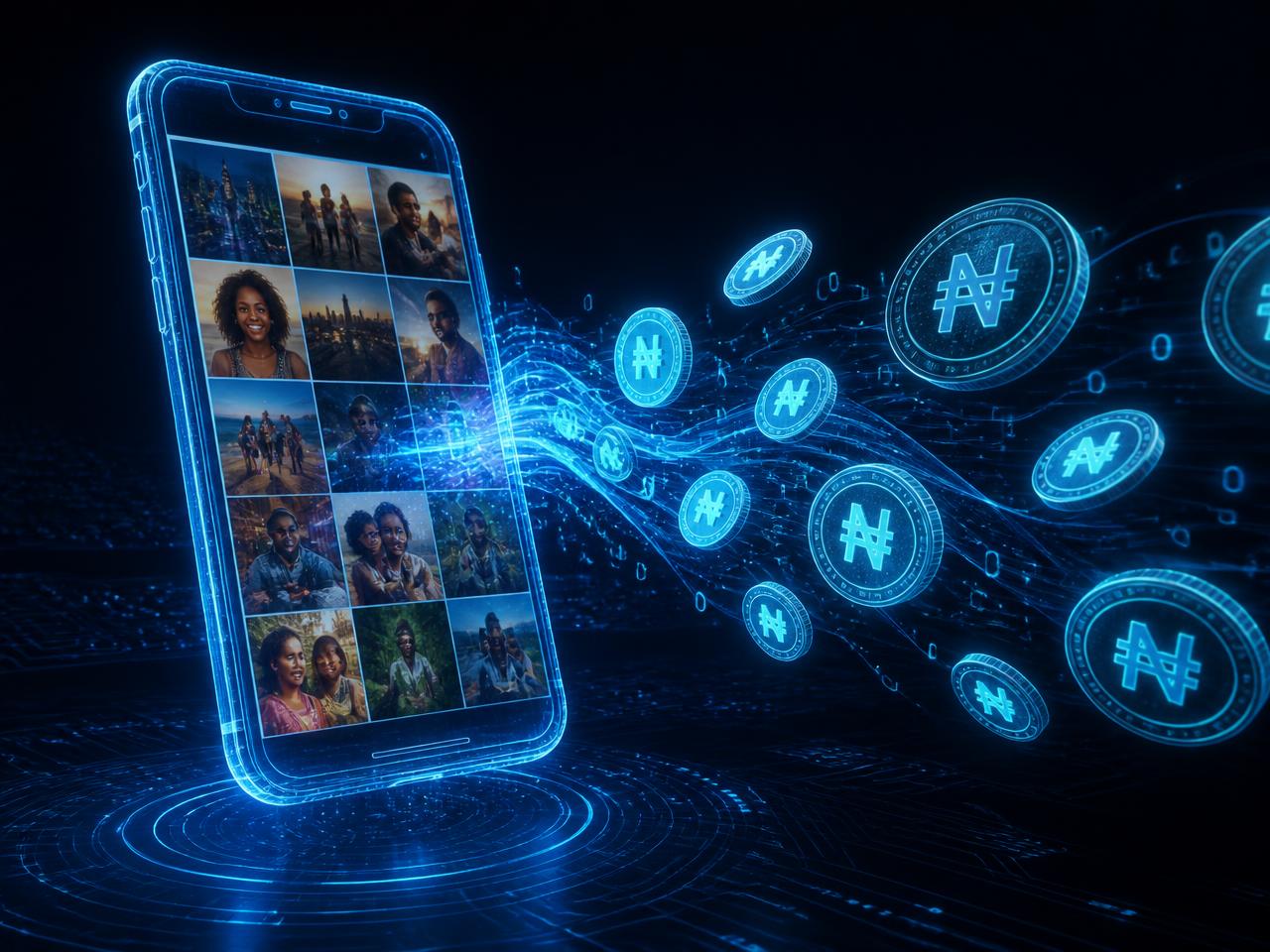 Holographic phone streaming naira coins from a photo gallery